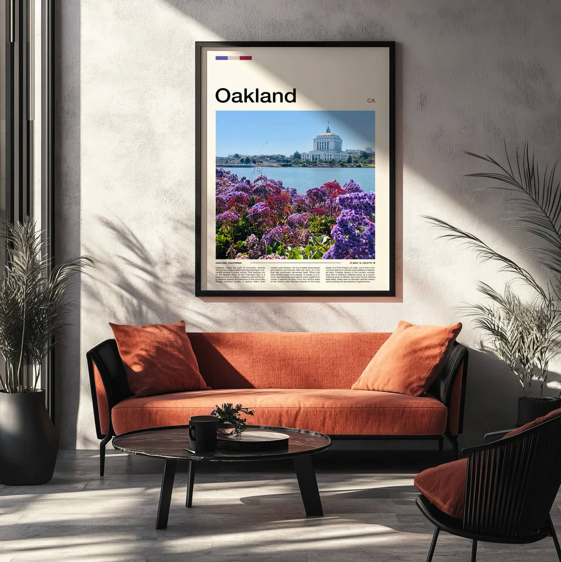 Oakland Purple Flowers By The Lake Travel Print framed on the wall of a modern living room