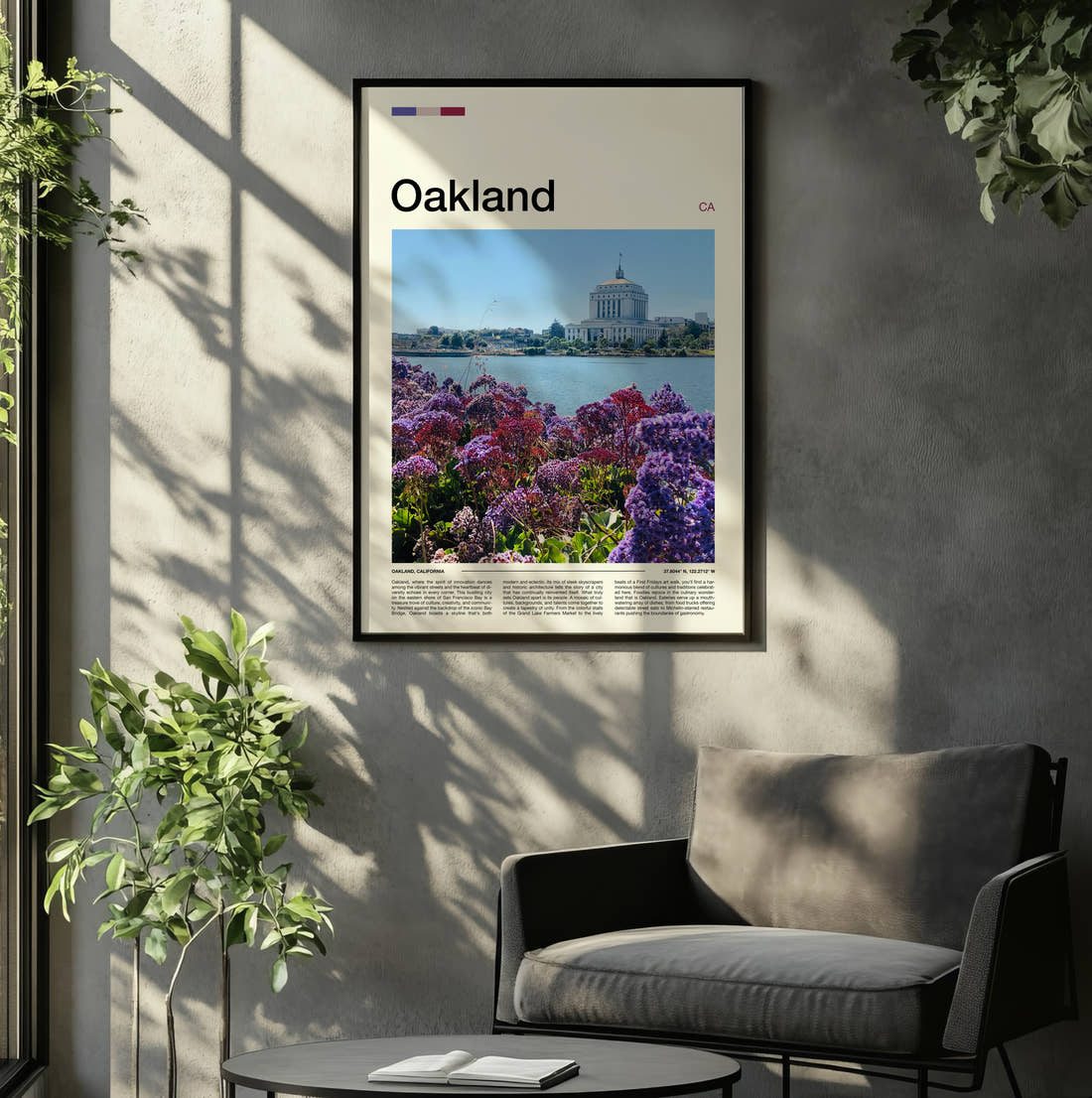 Oakland Purple Flowers By The Lake Travel Print framed on the wall of a relaxed living room