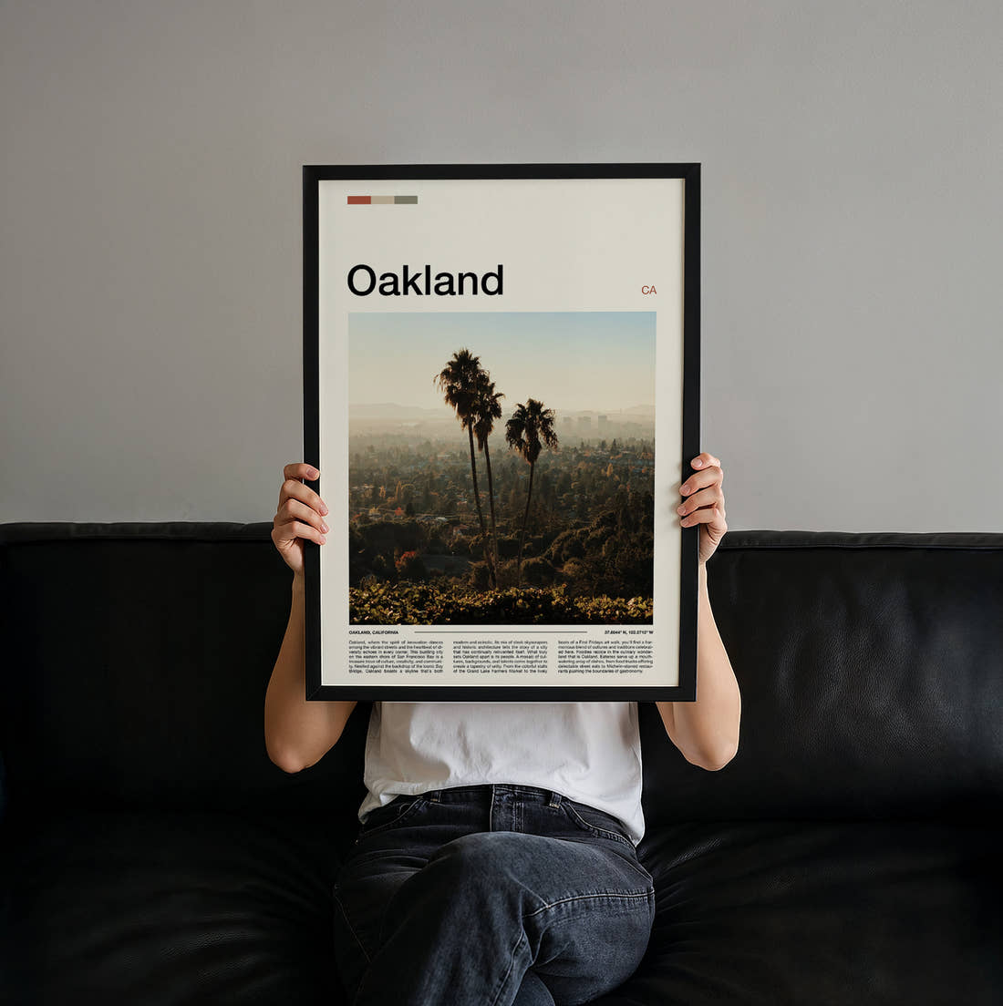 Oakland Palm Trees On A Hillside Travel Print held up by hand to show the size of the print