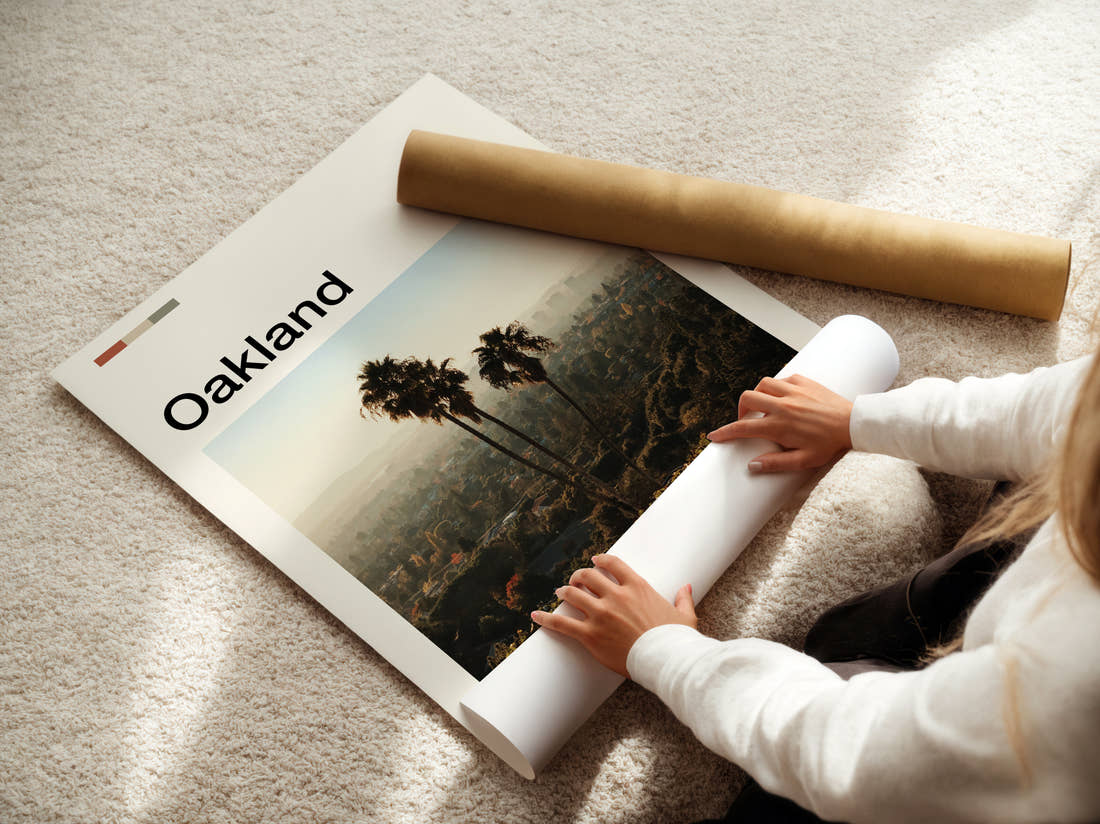 Oakland Palm Trees On A Hillside Travel Print being unrolled from its postal tube