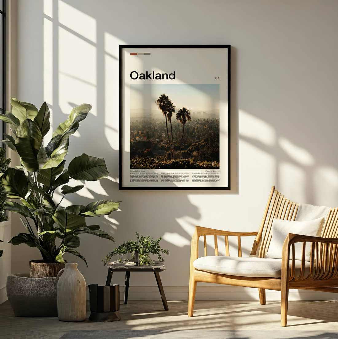 Oakland Palm Trees On A Hillside Travel Print framed on a pale wall beside houseplants