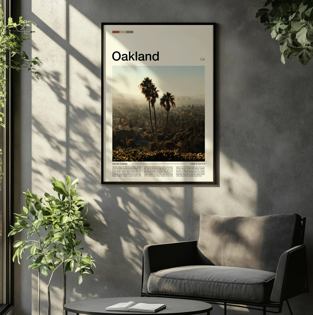 Oakland Palm Trees On A Hillside Travel Print framed on the wall of a relaxed living room