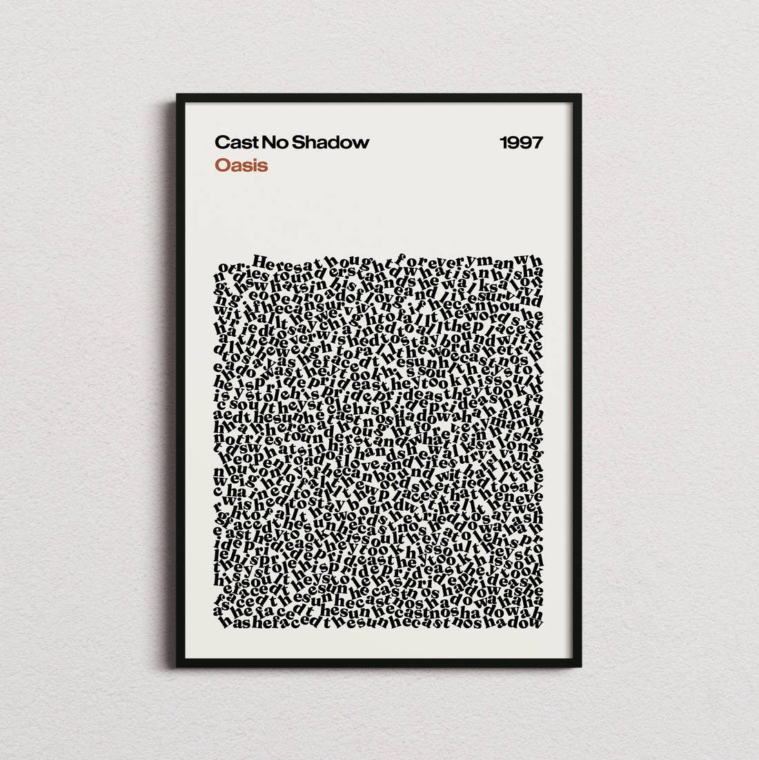 Oasis Cast No Shadow Lyric Print in the cream colourway, framed