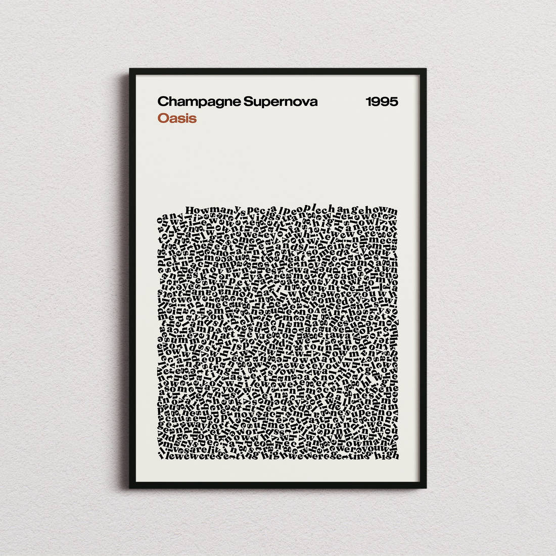 Oasis Champagne Supernova Lyric Print in the cream colourway, framed