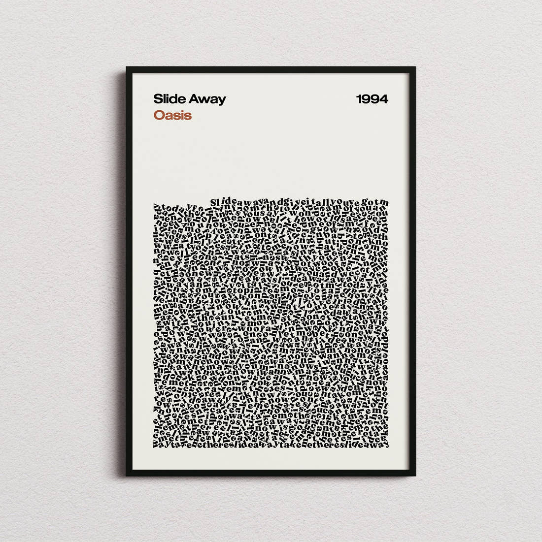 Oasis Slide Away Lyric Print in the cream colourway, framed