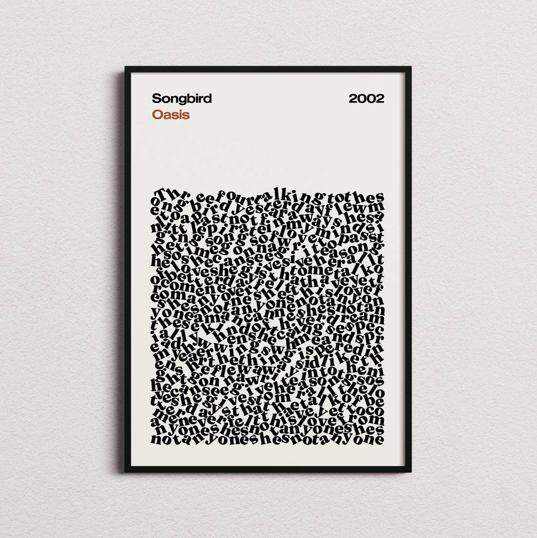Oasis Songbird Lyric Print in the cream colourway, framed