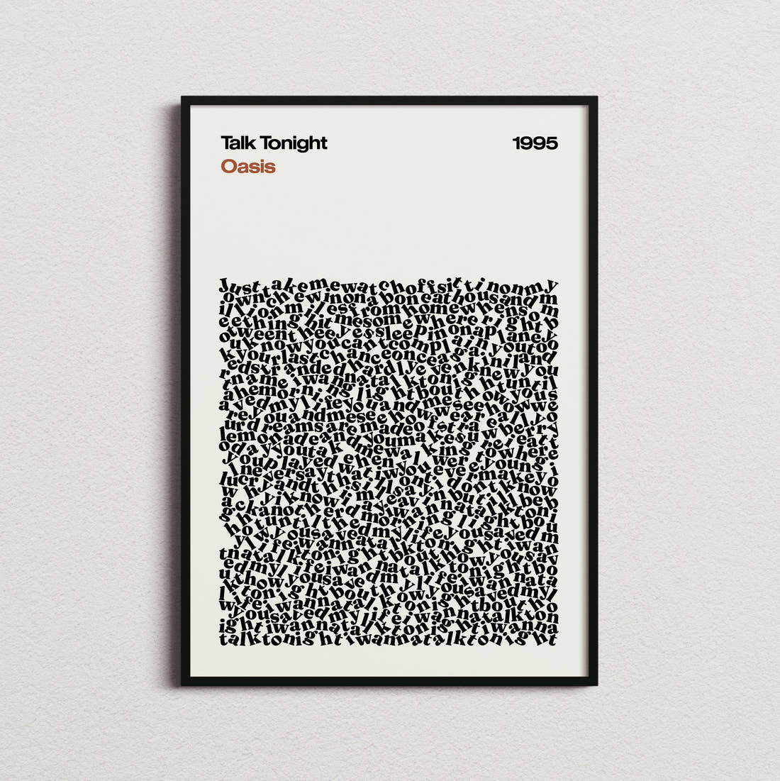 Oasis Talk Tonight Lyric Print in the cream colourway, framed