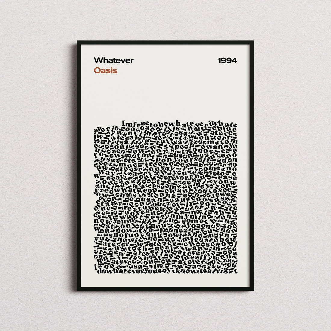 Oasis Whatever Lyric Print in the cream colourway, framed