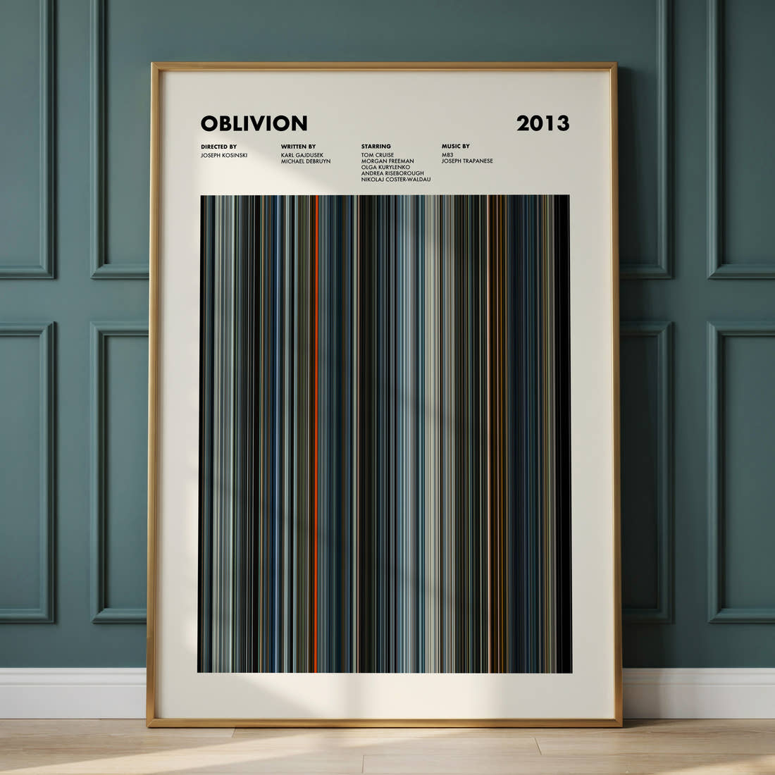 Oblivion Movie Barcode Poster framed and leaning against a panelled wall