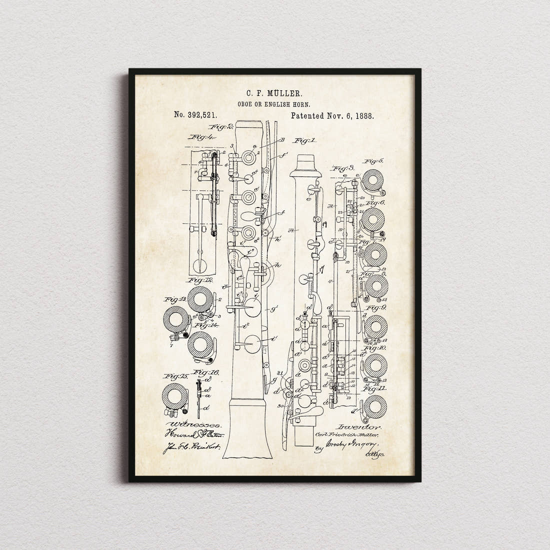Oboe Patent Print in the aged paper colourway, framed