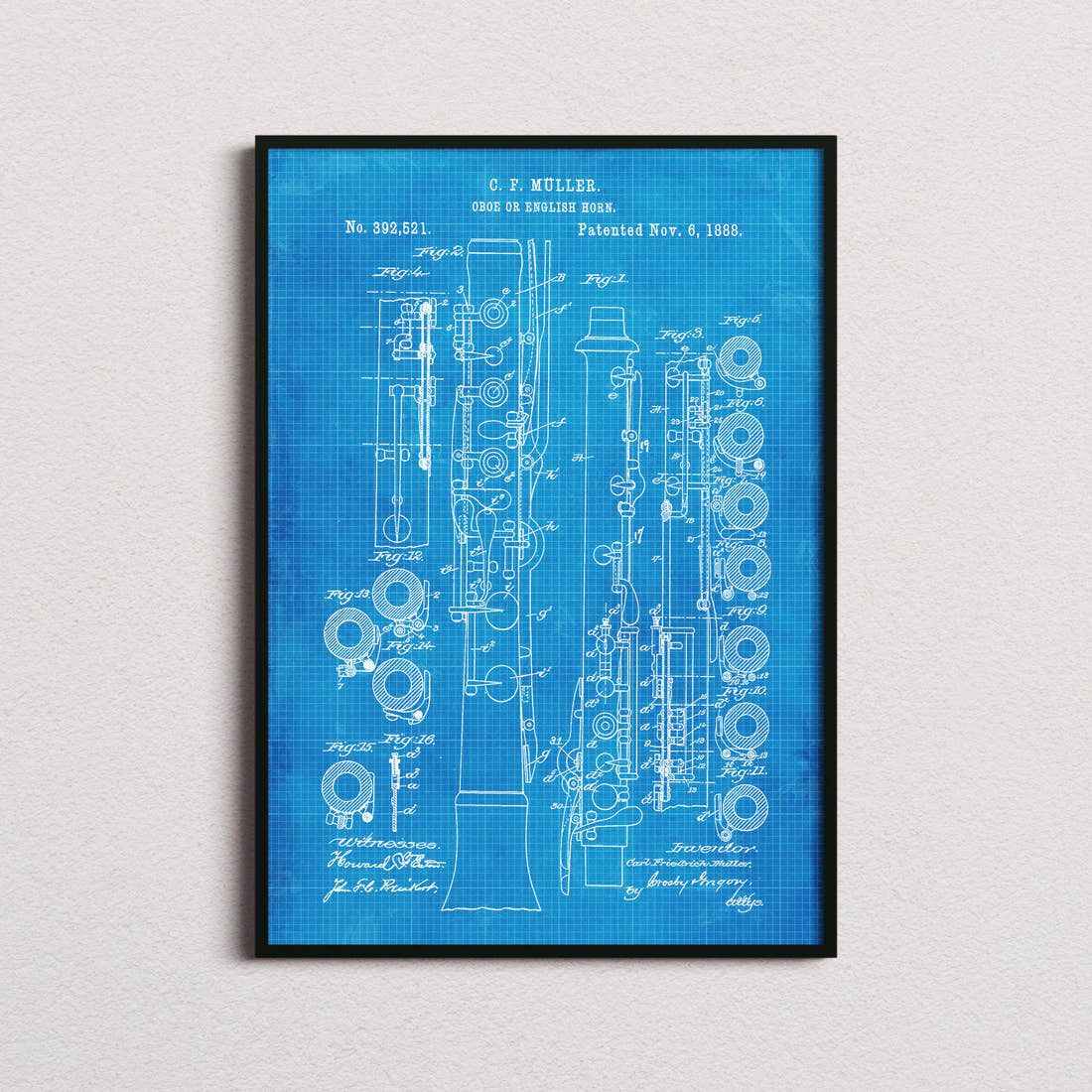 Oboe Patent Print in the blueprint colourway, framed