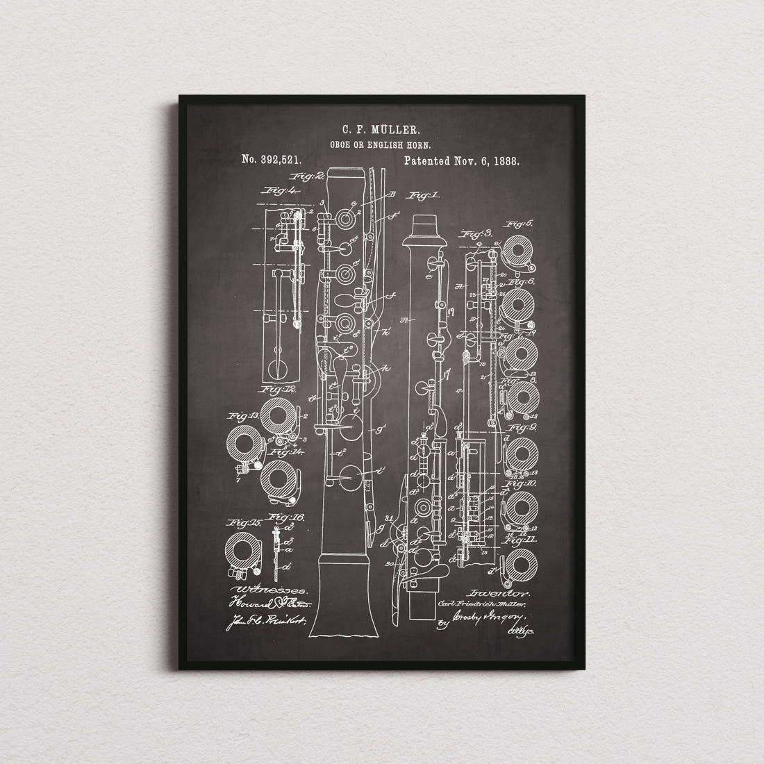 Oboe Patent Print in the blackboard colourway, framed