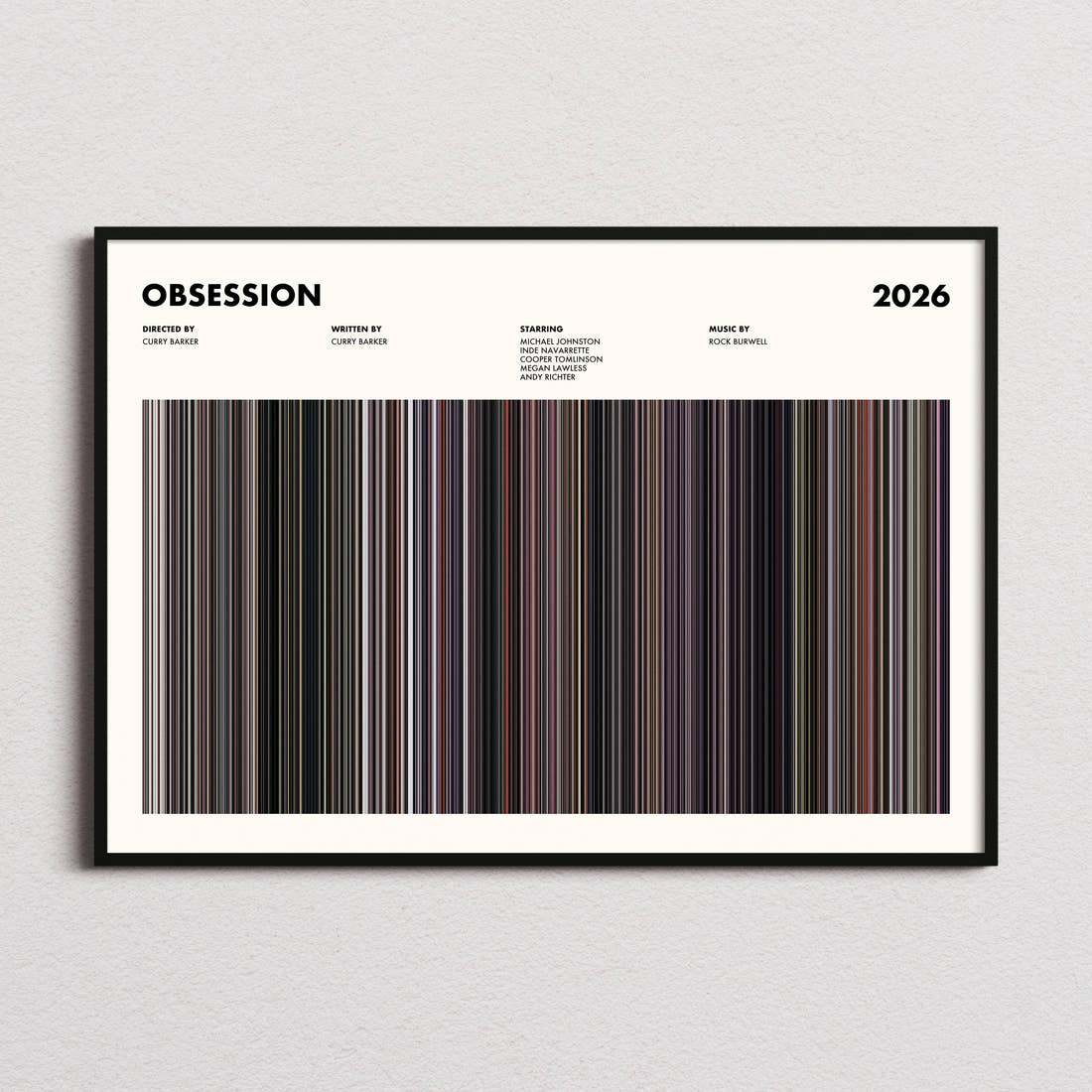 Obsession Movie Barcode Poster framed and photographed straight on