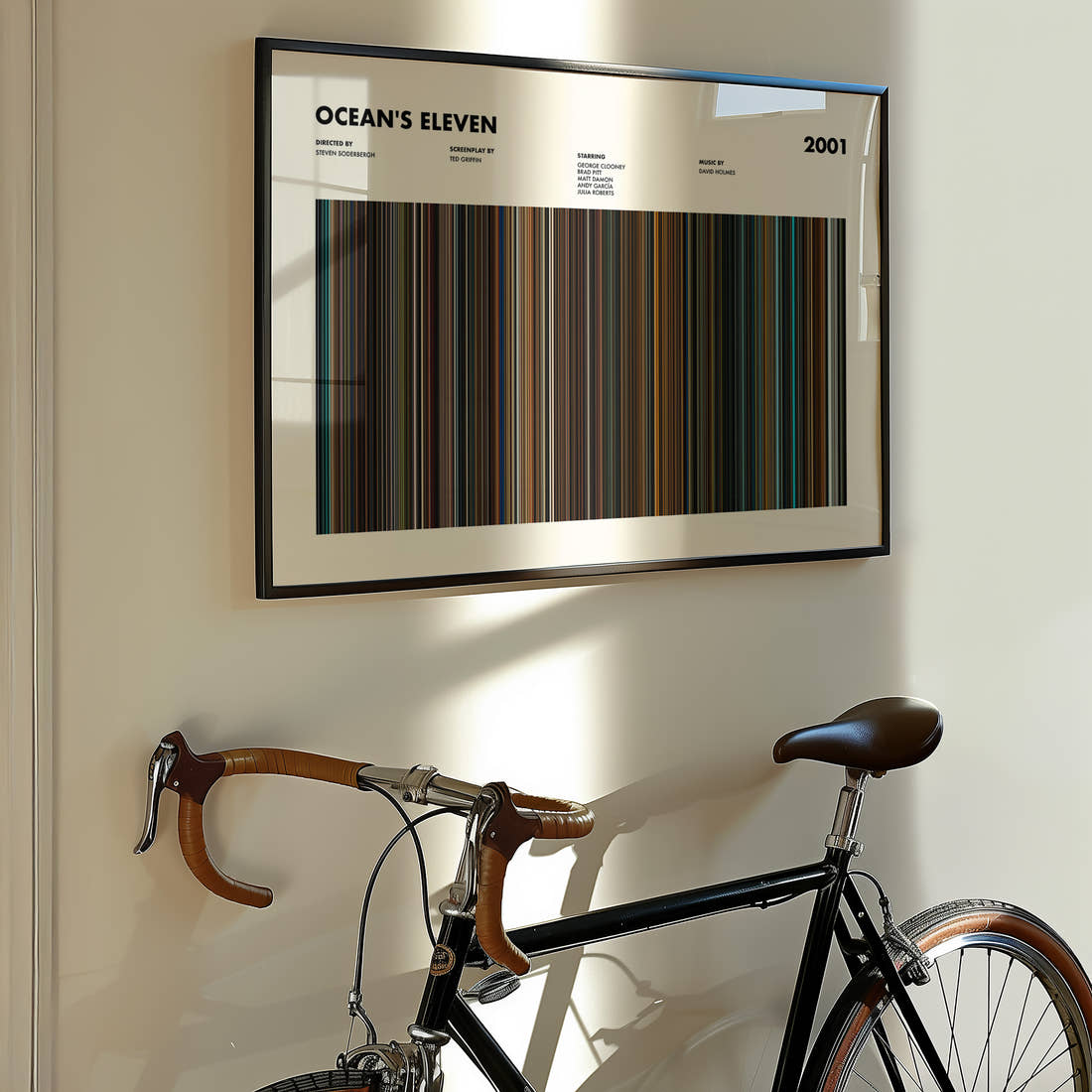 Ocean's Eleven Movie Barcode Poster framed on the wall of a styled room setting