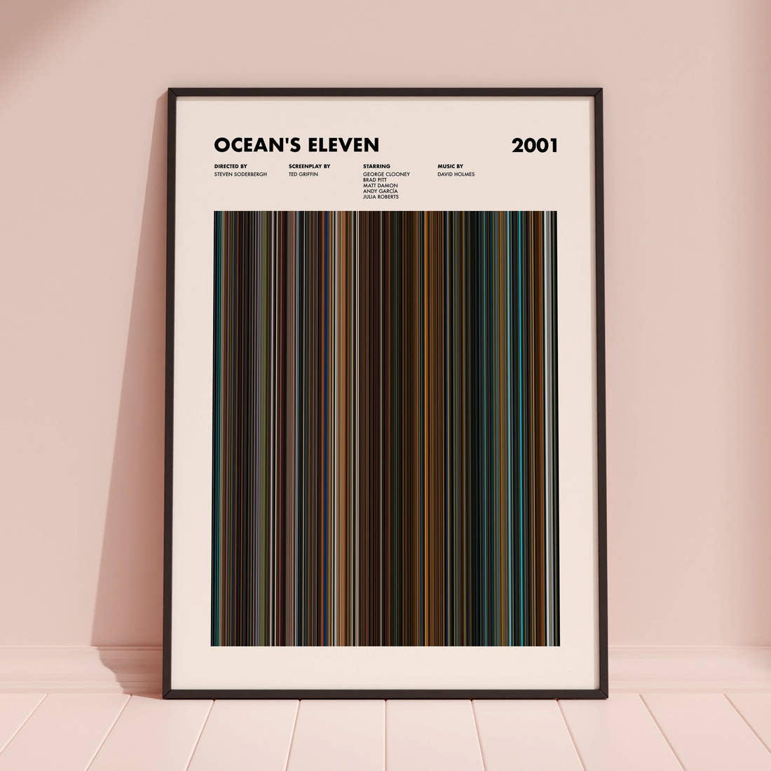 Ocean's Eleven Movie Barcode Poster framed and leaning against a coloured wall