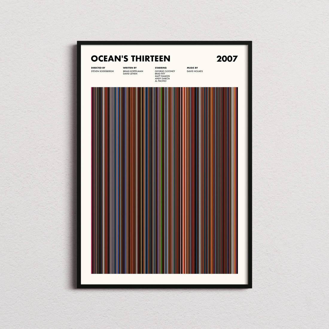 Ocean's Thirteen Movie Barcode Poster framed on a plain studio wall