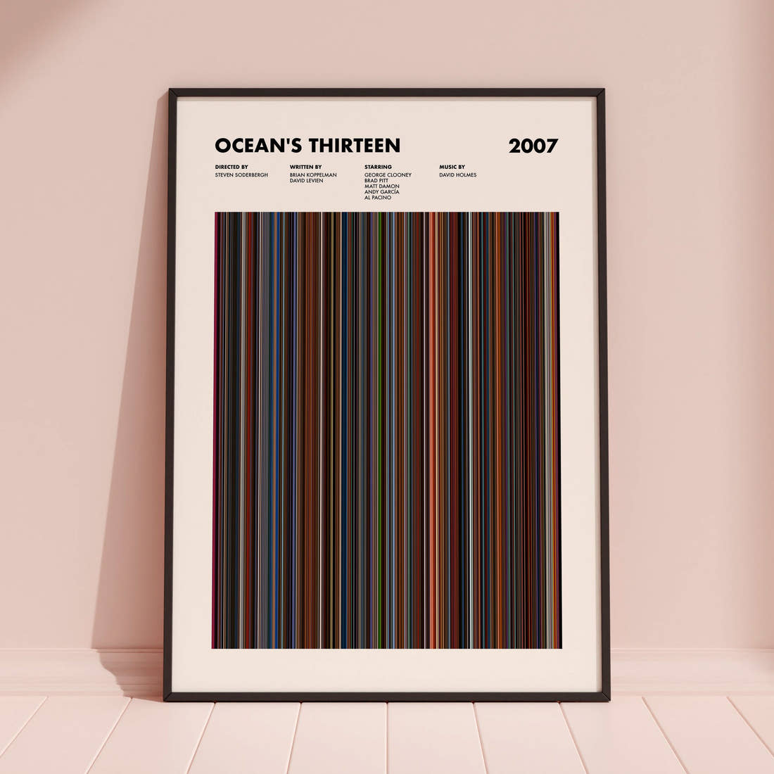 Ocean's Thirteen Movie Barcode Poster framed and leaning against a coloured wall