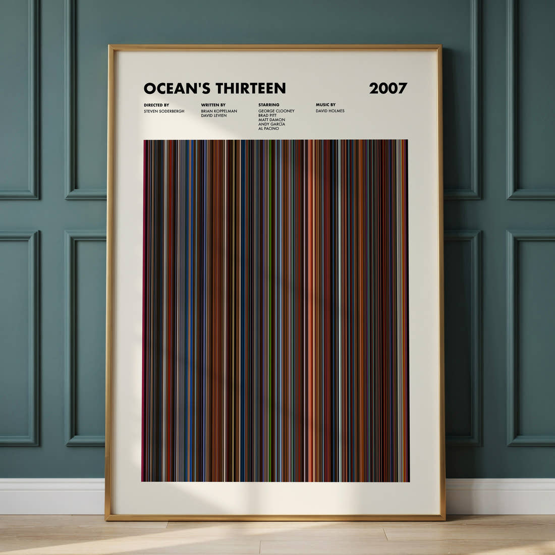 Ocean's Thirteen Movie Barcode Poster framed and leaning against a panelled wall
