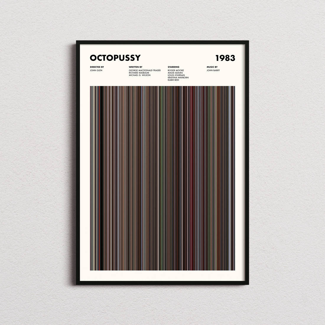 Octopussy Movie Barcode Poster framed on a plain studio wall