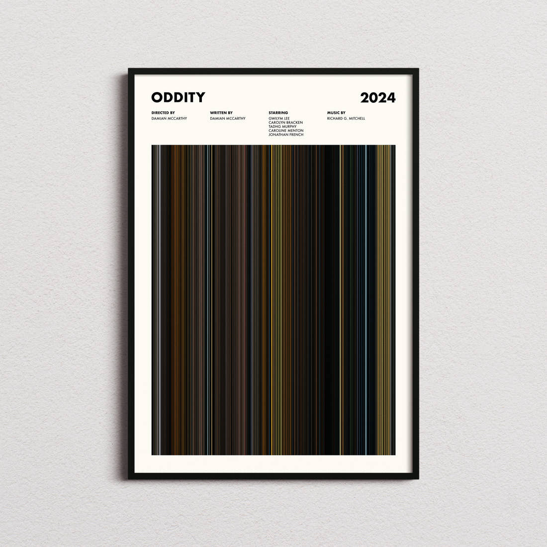 Oddity Movie Barcode Poster framed on a plain studio wall