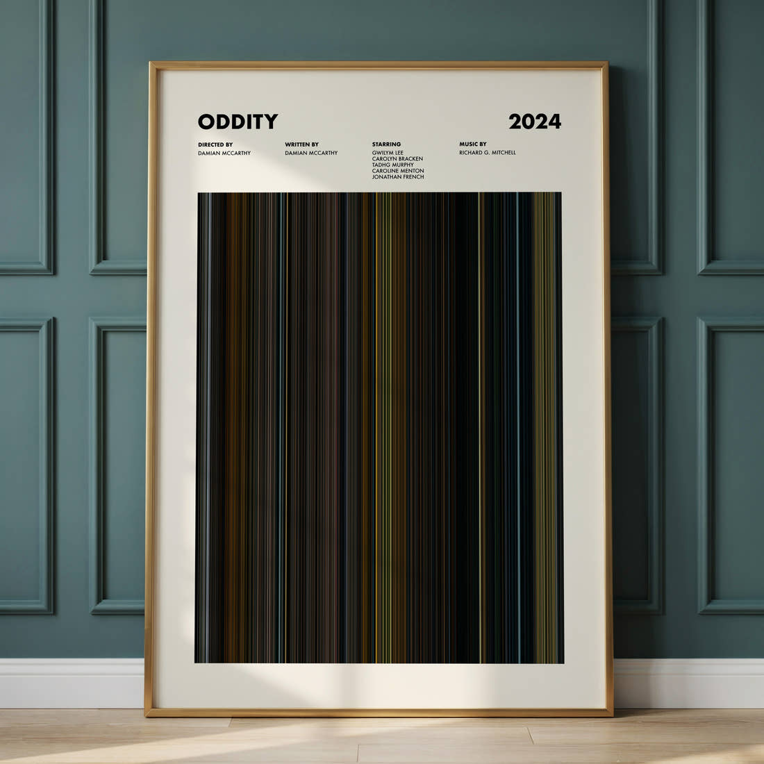 Oddity Movie Barcode Poster framed and leaning against a panelled wall