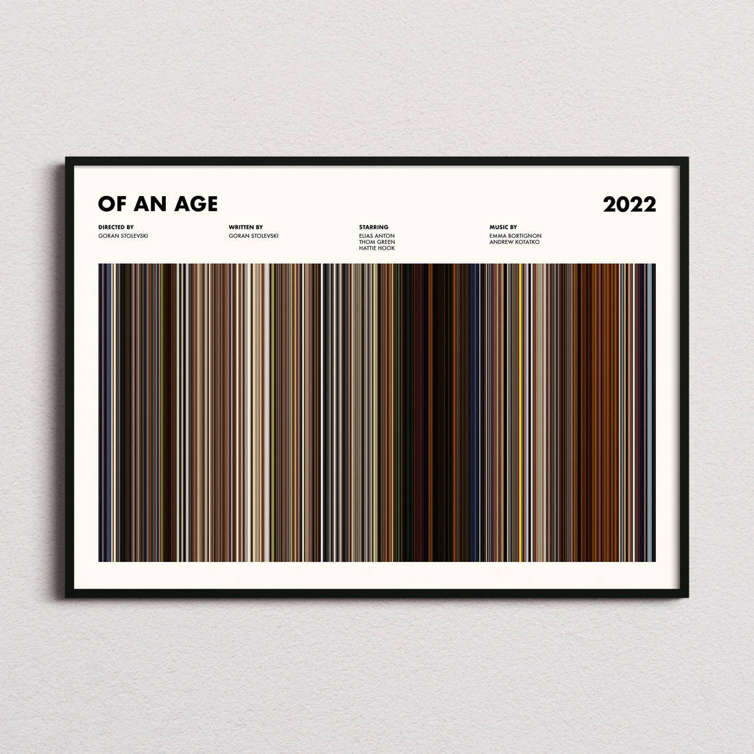 Of An Age Movie Barcode Poster framed and photographed straight on