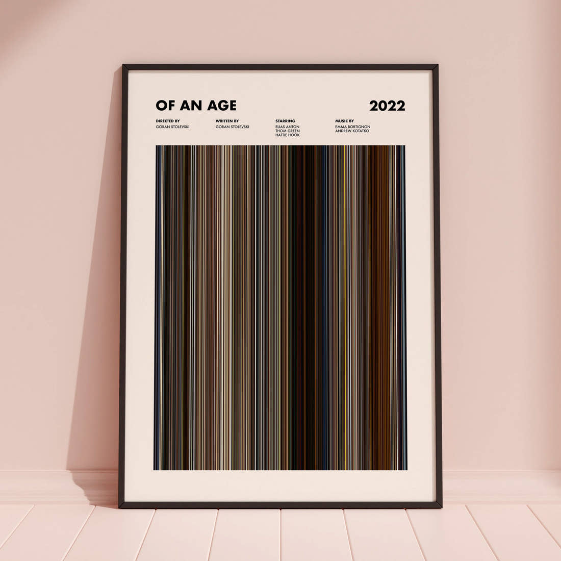 Of An Age Movie Barcode Poster framed and leaning against a coloured wall
