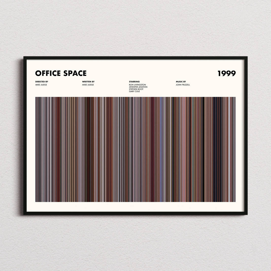 Office Space Movie Barcode Poster framed and photographed straight on