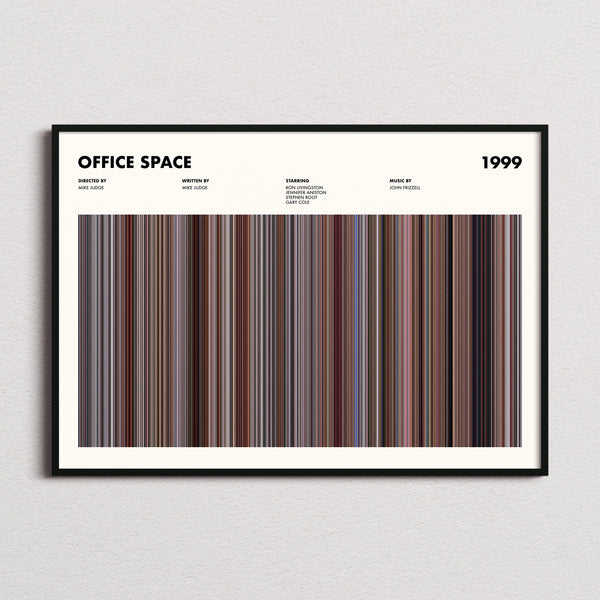 Office Space Movie Barcode Poster framed and photographed straight on