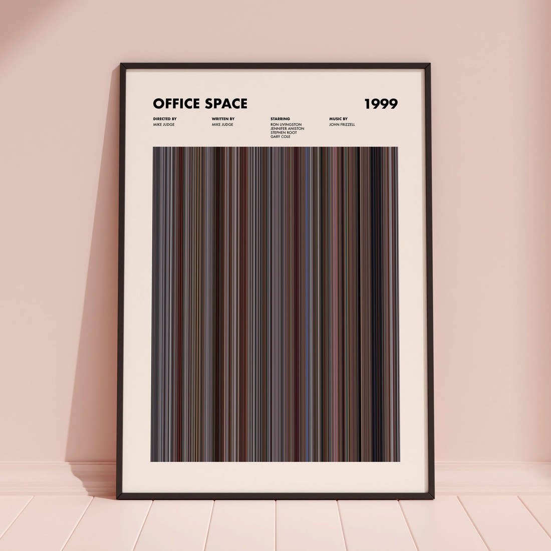 Office Space Movie Barcode Poster framed and leaning against a coloured wall