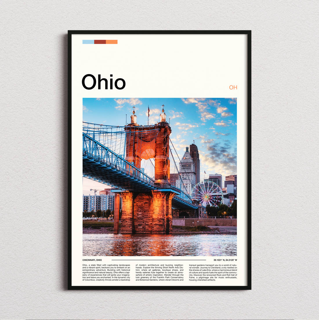 Ohio Roebling Suspension Bridge At Night Travel Print framed and photographed straight on