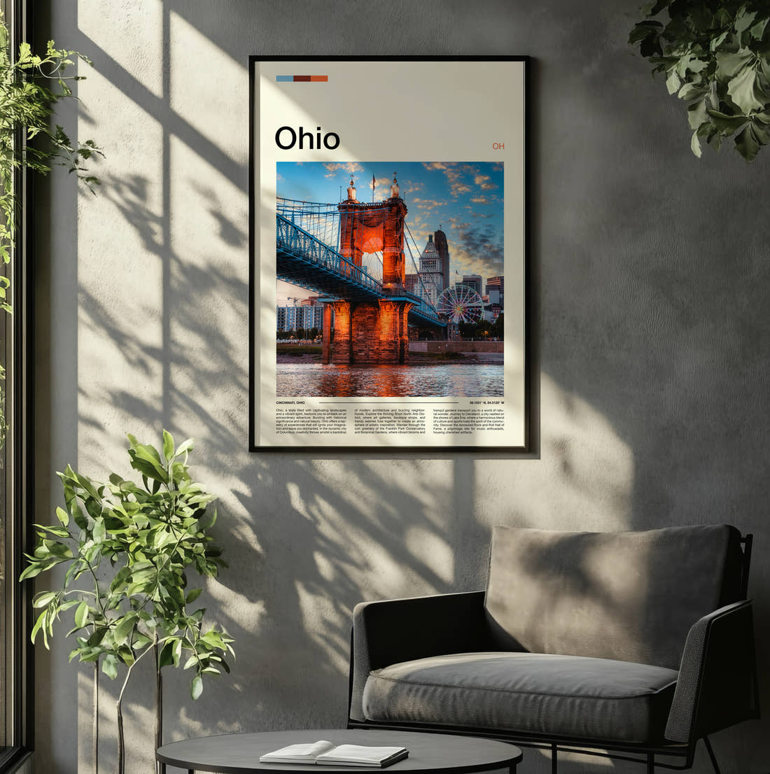 Ohio Roebling Suspension Bridge At Night Travel Print framed on the wall of a relaxed living room
