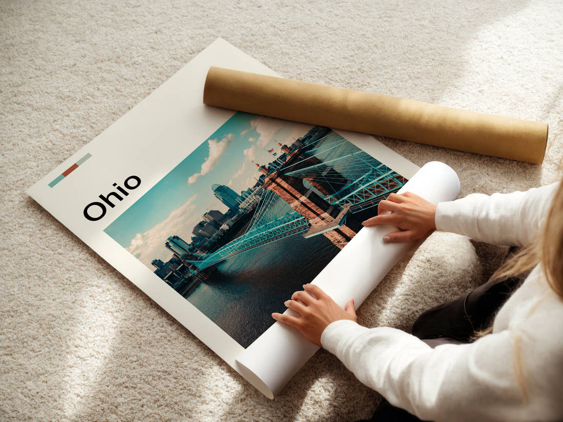 Ohio Roebling Suspension Bridge By Day Travel Print being unrolled from its postal tube
