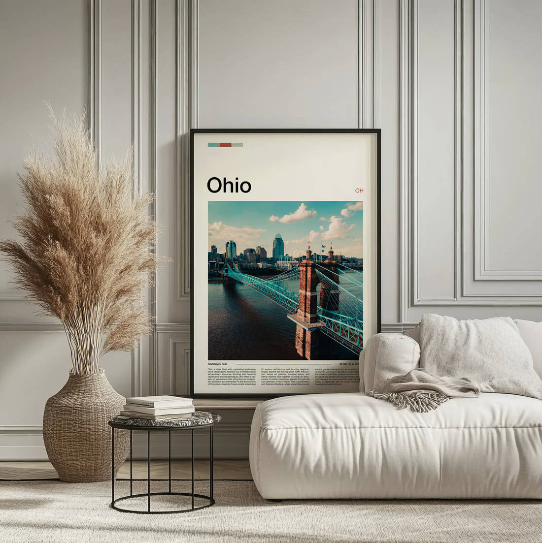 Ohio Roebling Suspension Bridge By Day Travel Print framed on the wall of a calm, neutral bedroom