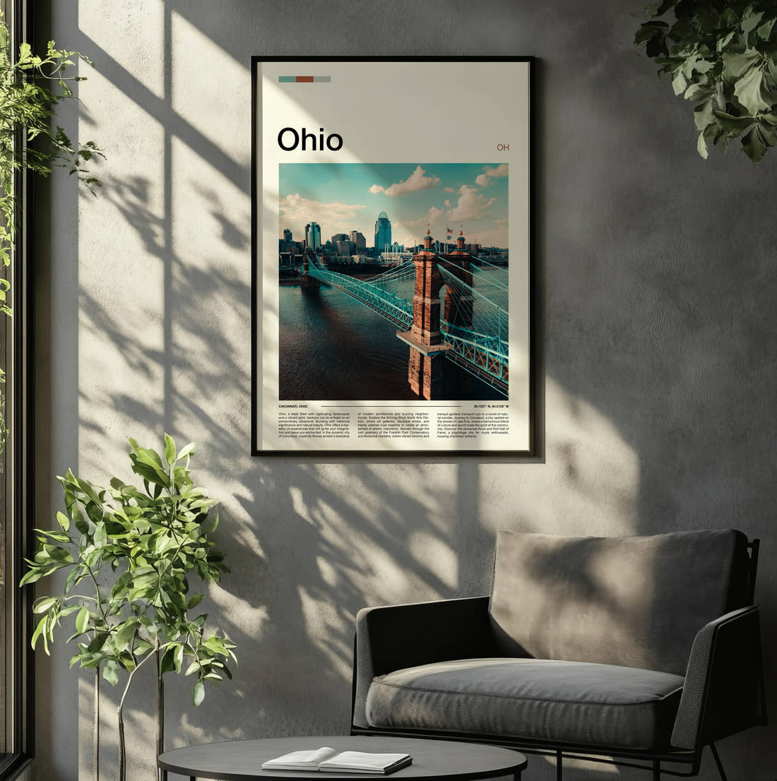 Ohio Roebling Suspension Bridge By Day Travel Print framed on the wall of a relaxed living room