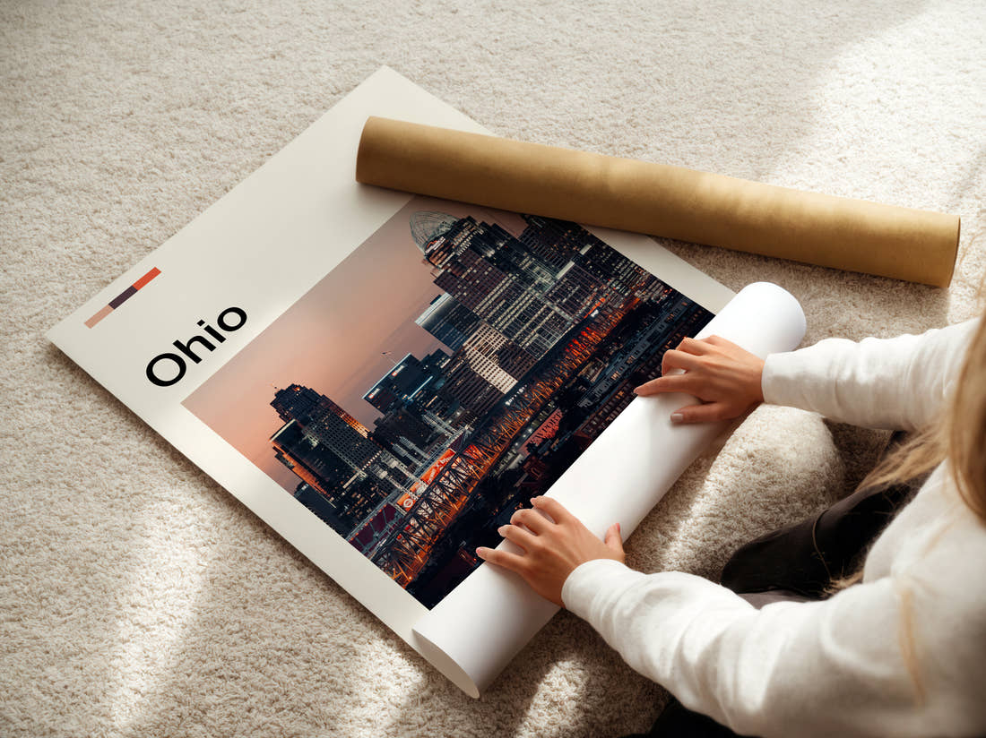 Ohio City Skyline At Dusk Travel Print being unrolled from its postal tube