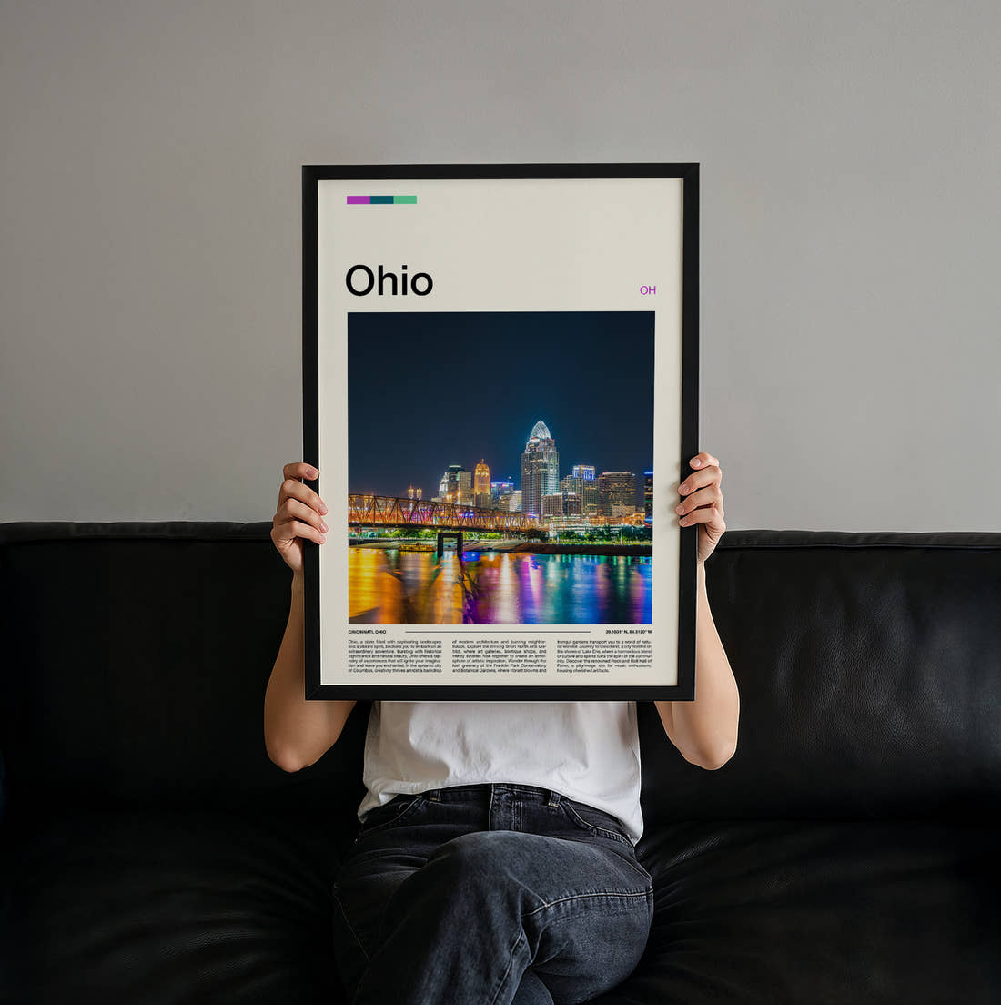 Ohio Night Skyline Travel Print held up by hand to show the size of the print