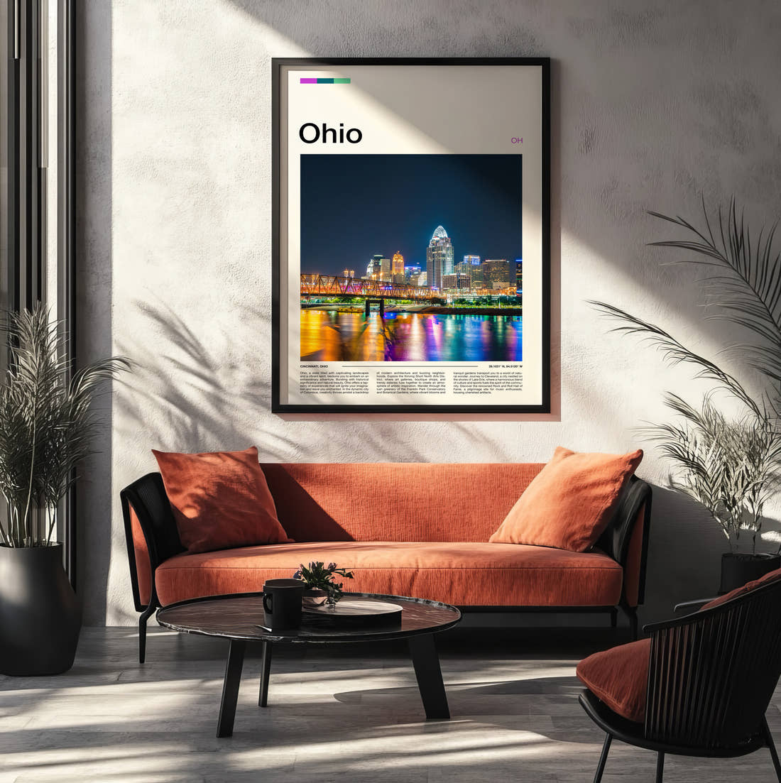 Ohio Night Skyline Travel Print framed on the wall of a modern living room
