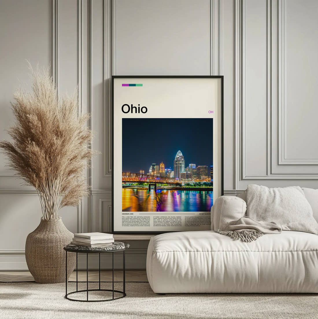 Ohio Night Skyline Travel Print framed on the wall of a calm, neutral bedroom