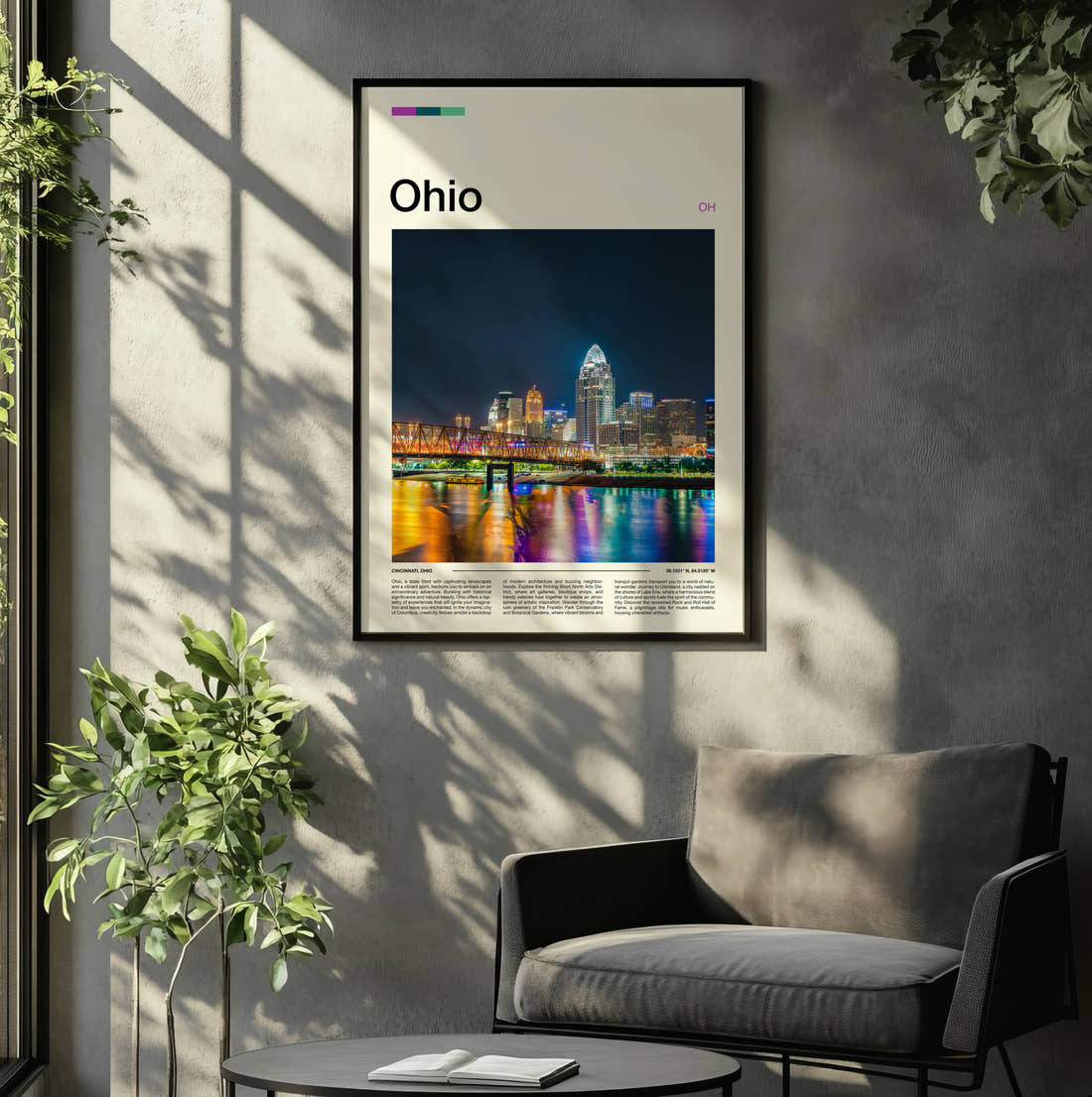 Ohio Night Skyline Travel Print framed on the wall of a relaxed living room