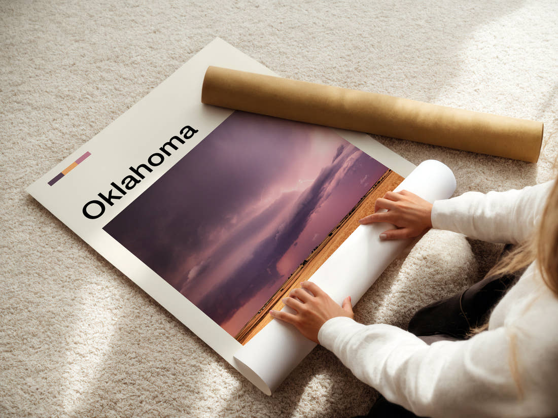 Oklahoma Storm Over The Fields Travel Print being unrolled from its postal tube