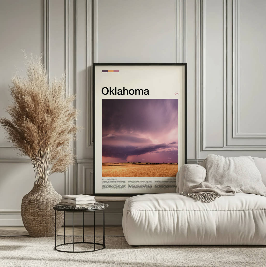 Oklahoma Storm Over The Fields Travel Print framed on the wall of a calm, neutral bedroom