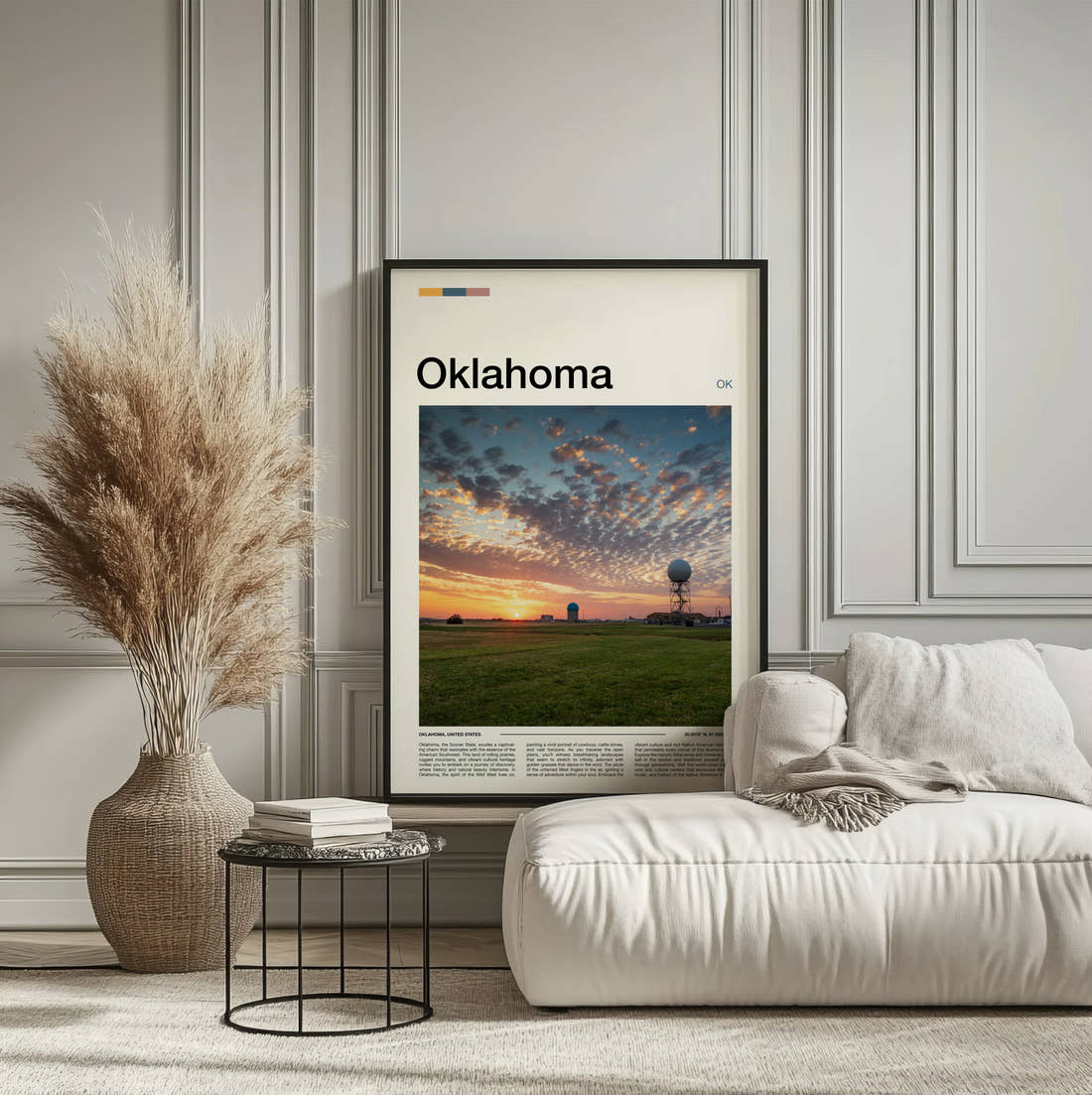 Oklahoma Sunset Over The Field Travel Print framed on the wall of a calm, neutral bedroom