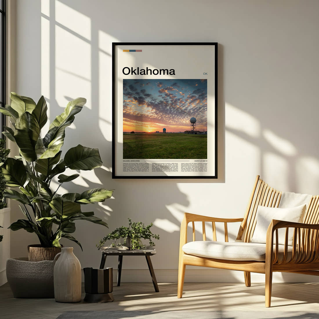 Oklahoma Sunset Over The Field Travel Print framed on a pale wall beside houseplants