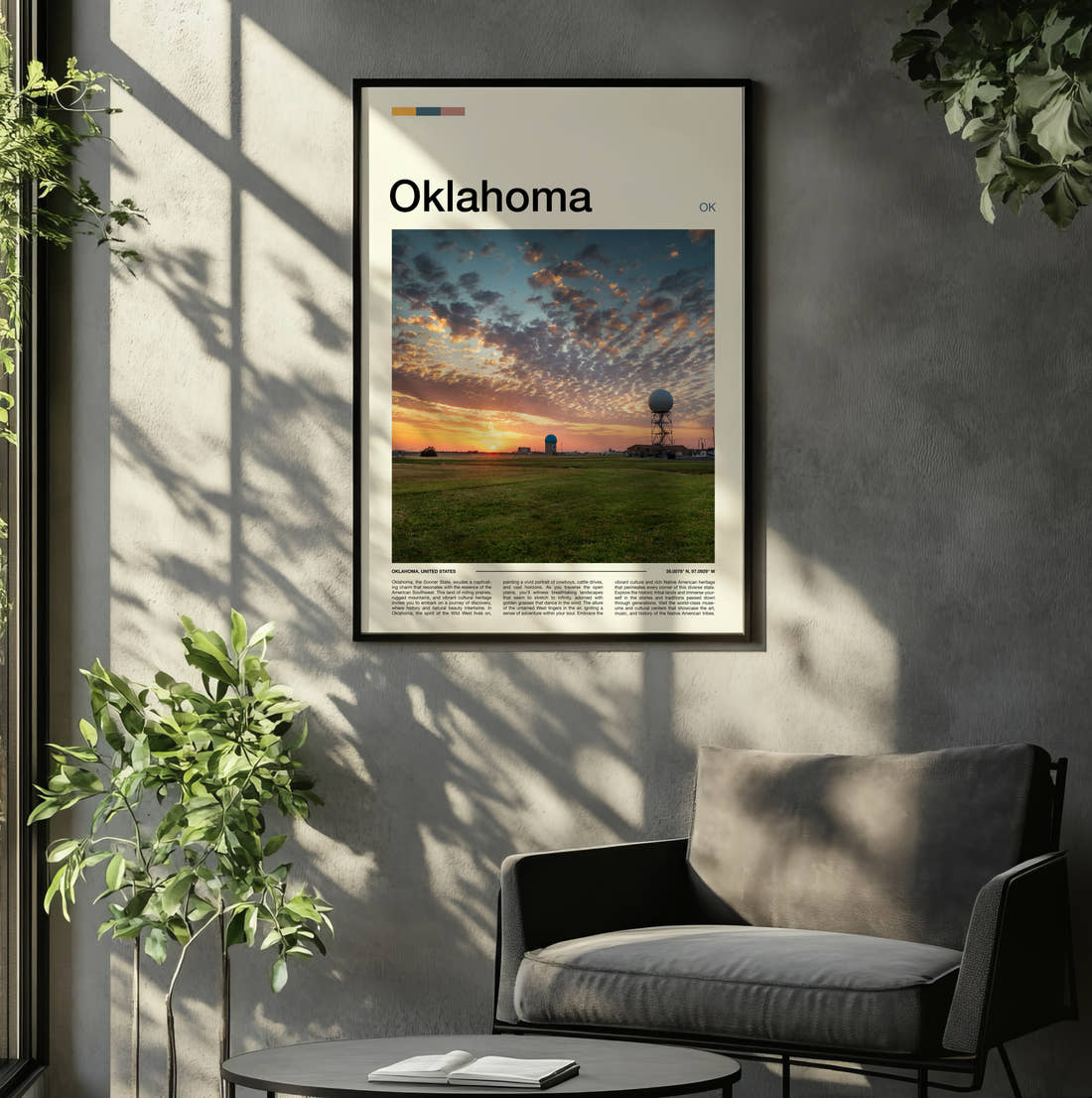 Oklahoma Sunset Over The Field Travel Print framed on the wall of a relaxed living room