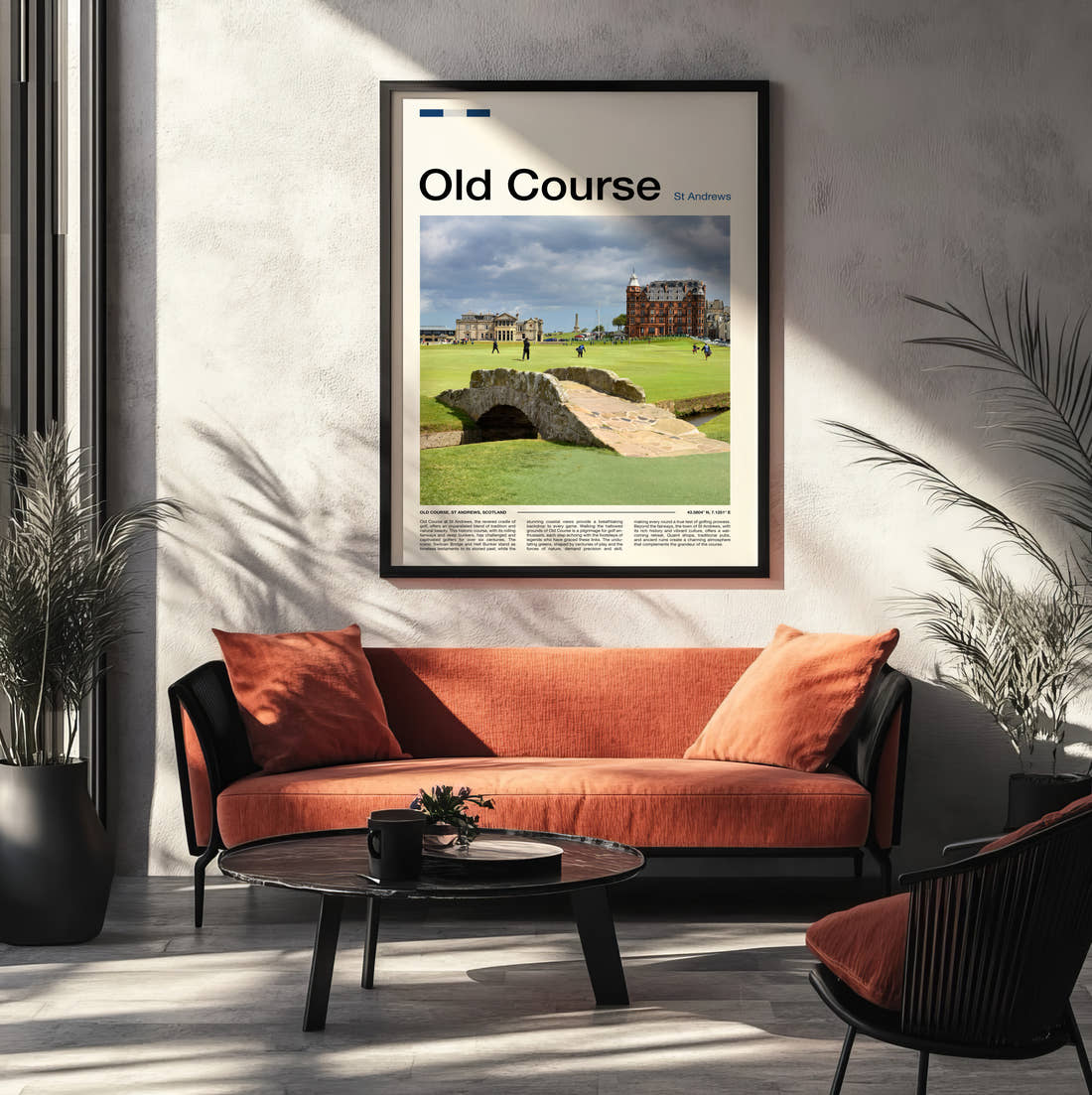 Old Course St Andrews Golf Course Print framed on the wall of a modern living room