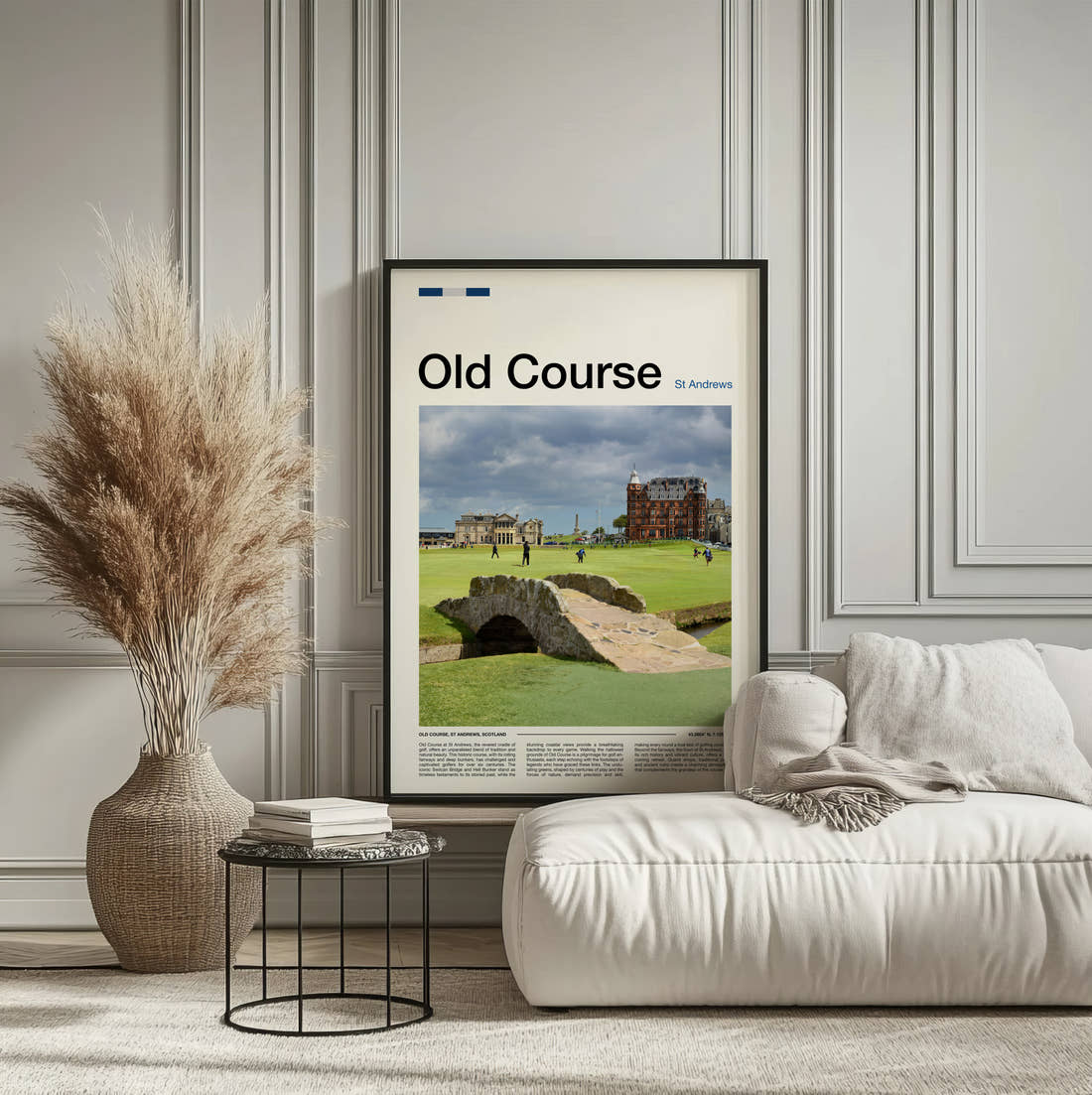 Old Course St Andrews Golf Course Print framed on the wall of a calm, neutral bedroom