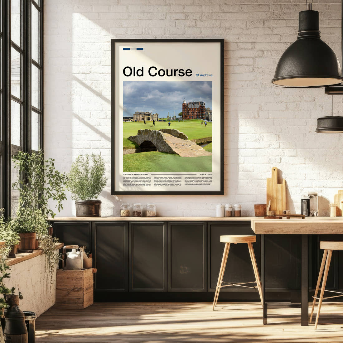 Old Course St Andrews Golf Course Print framed on the wall of a bright kitchen and dining space