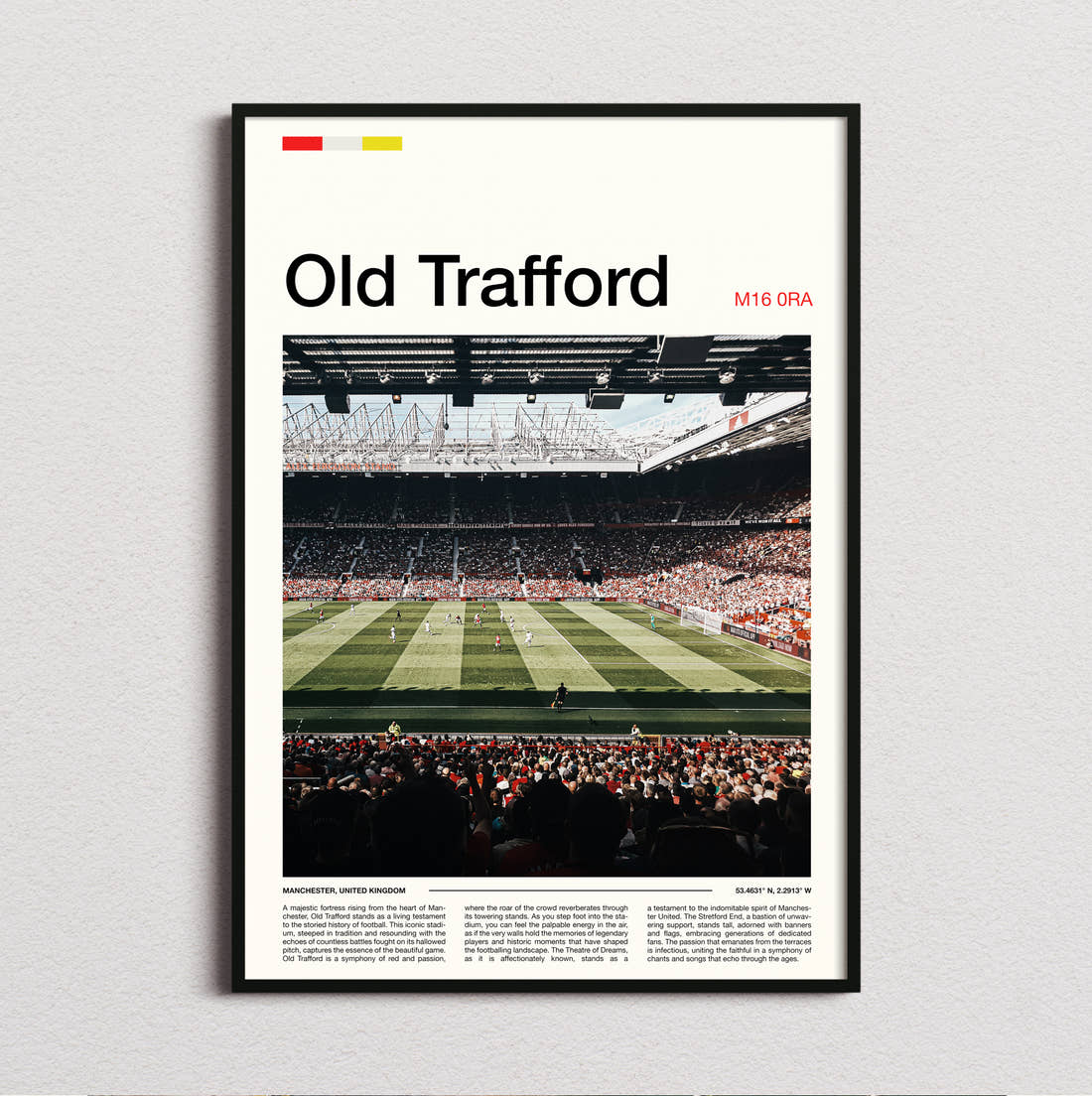 Old Trafford Stadium Print framed and photographed straight on