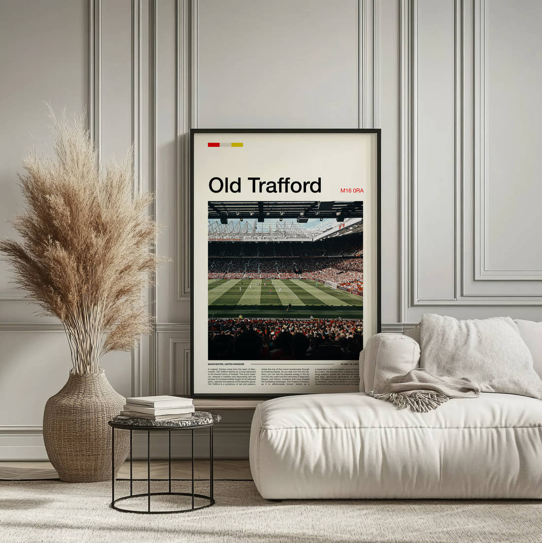 Old Trafford Stadium Print framed on the wall of a calm, neutral bedroom